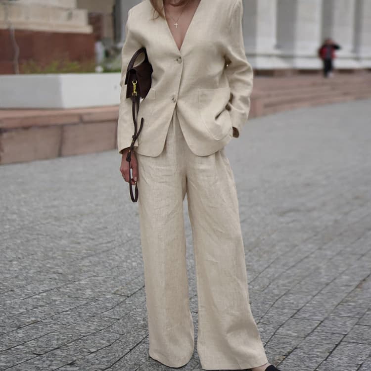 Women's Clothing New Fashion Solid Color Cotton And Linen Suit V Neck Loose Coat High Waist Wide Leg Pants Casual Two Piece Suit