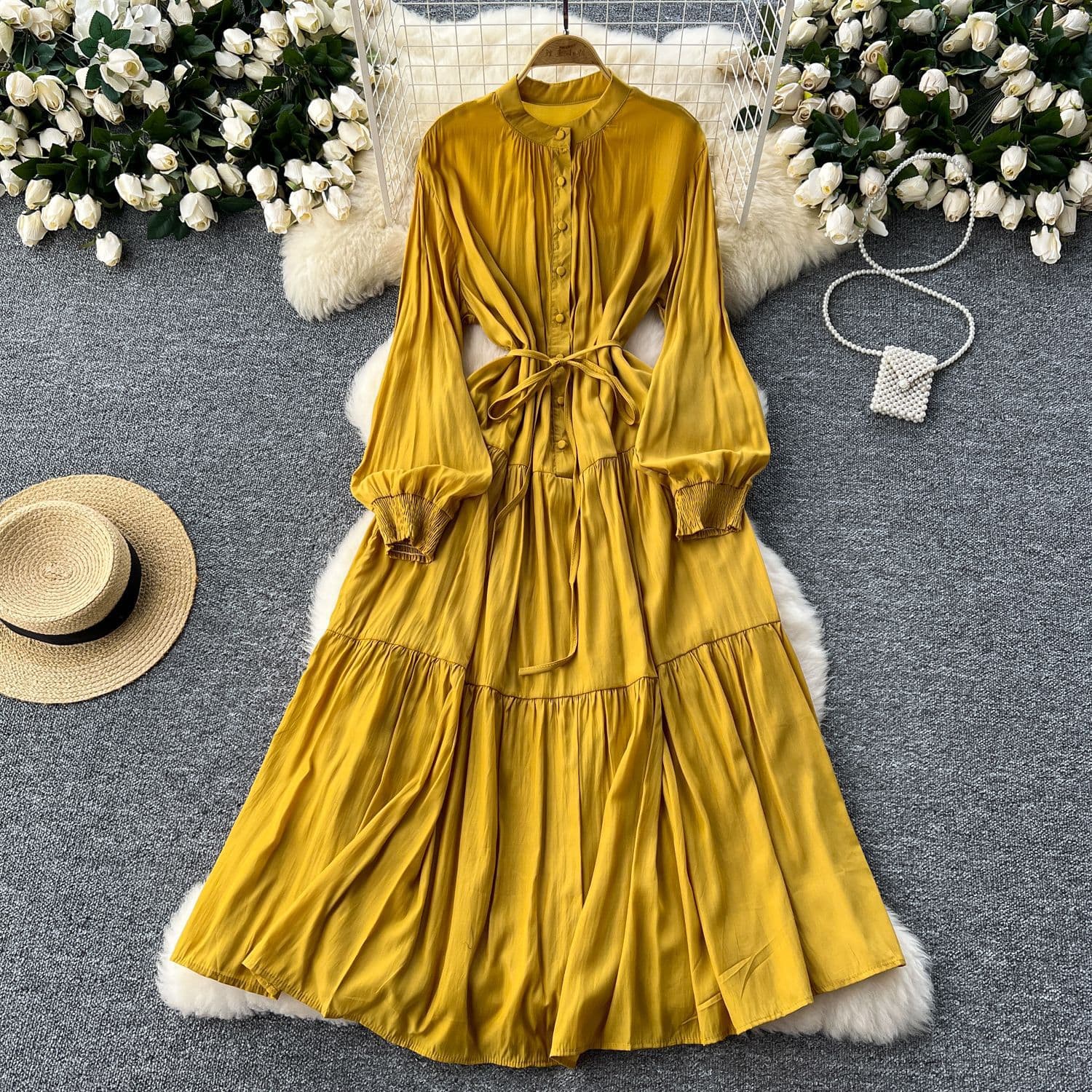 Elegant Dress Female Design Single Breasted Loose Waist Straps Slim Temperament Knee Length Skirt