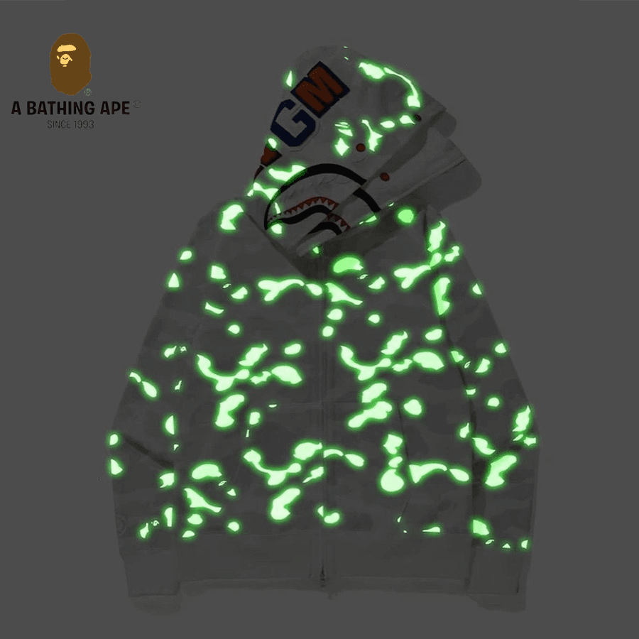 A BATHING APE ABC CAMO High Quality Pure Cotton Version Luminous Spots SHARK FULL ZIP HOODIE MENS AND WOMEN