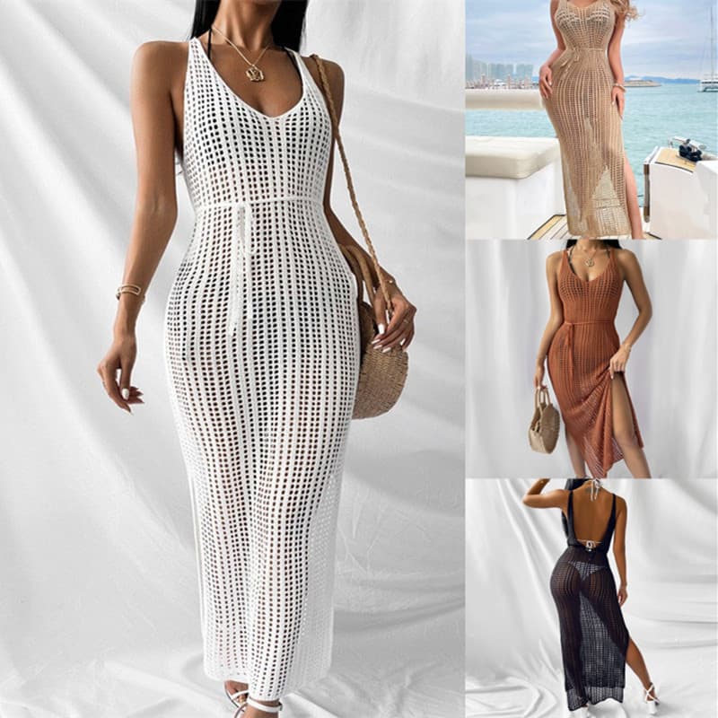 Vêtements pour femmes, élégant, dentelle, dos nu, robe de plage, sexy, vacances, longue, protection solaire, maillot de bain, cache-maillot, châle en tricot léger
