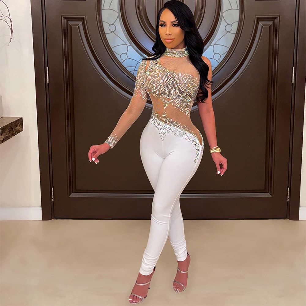 Women's Clothing Fashion Women's Solid Color Mesh Press Drill Sleeveless Pants Jumpsuit