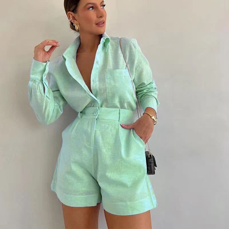 Women's Clothing Loose Solid Color Casual Shirt High Waist Shorts Fashion Suit