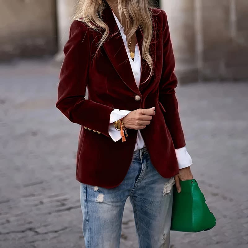 Vêtements pour femmes - Blazer élégant en velours pour femme - Coupe ajustée - Veste de tailleur à un bouton (Disponible en 6 couleurs)