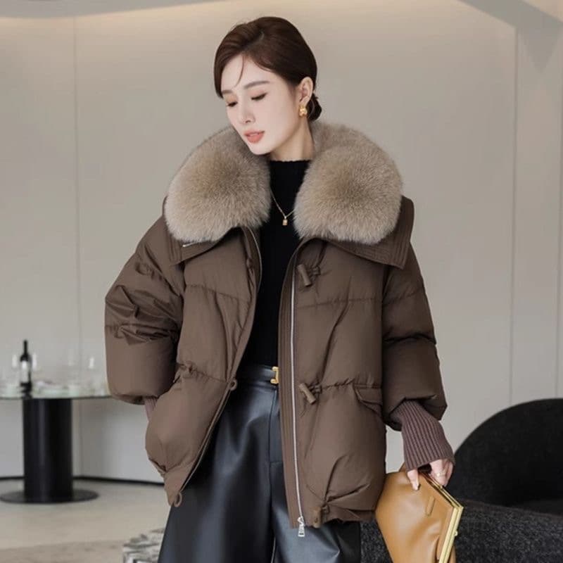 Women's Short Puffer Jacket With Big Fur Collar, Winter Warm Coat, Thickened Quilted Outerwear, Casual Elegant Style (Black, Brown, Burgundy, White)​