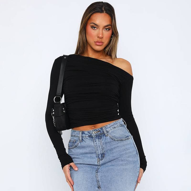Women's Autumn Solid Color Oblique Shoulder Long Sleeve Pleated Top Navel Baring T-Shirt European American Style