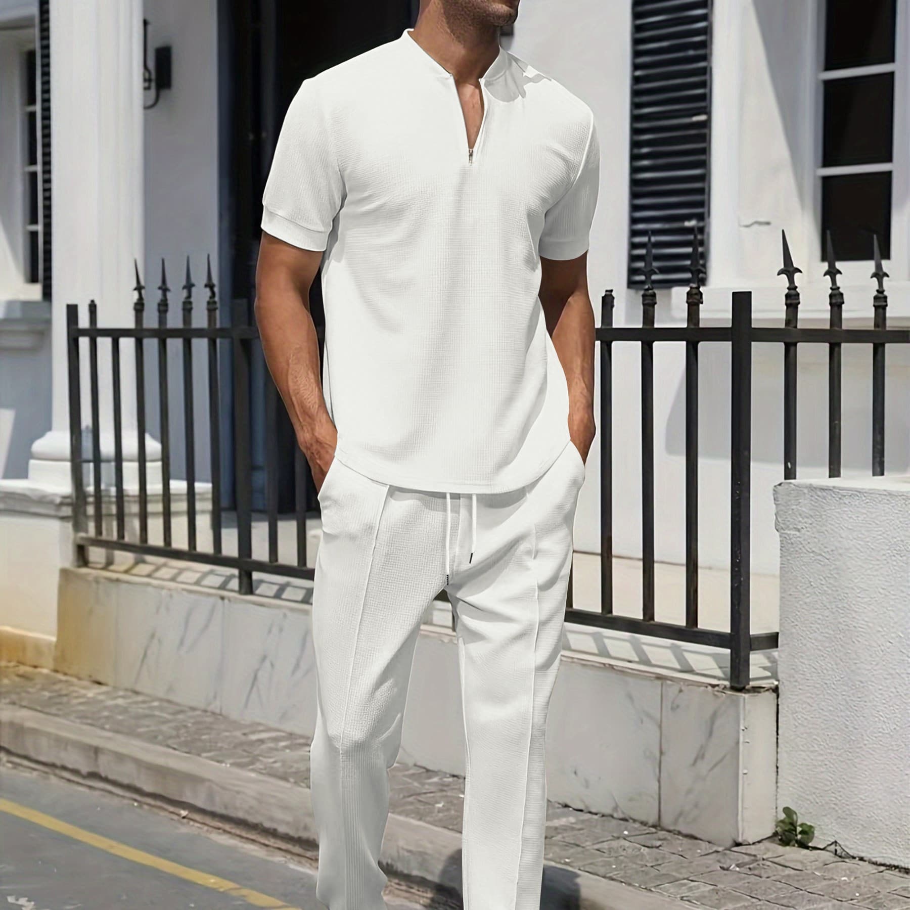 Men's Clothing New Men's Suit Casual Short sleeved Stand Collar Waffle Polo Pants Two piece Suit