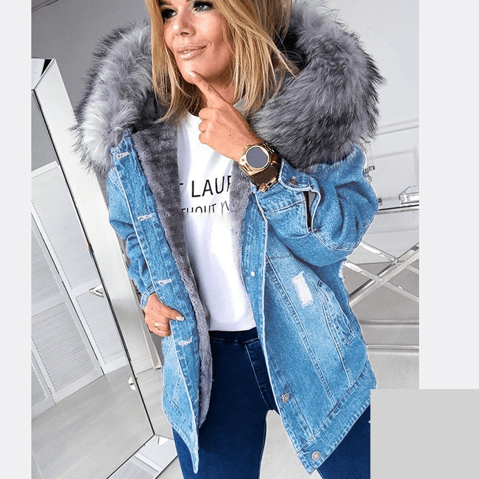 Women's Clothing retro large fur collar denim jacket temperament commuting warm medium and long ripped distressed coat