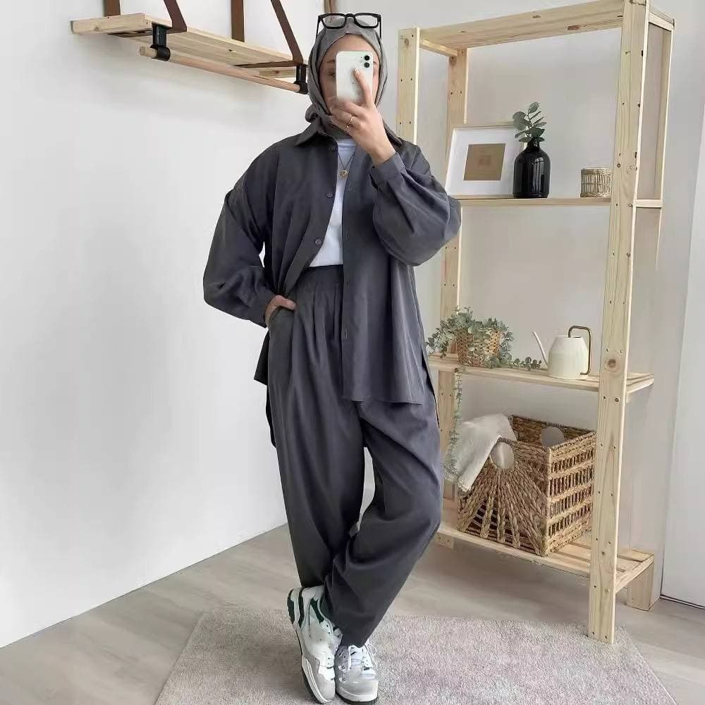 Women's Clothing Muslim fashion solid color suit loose shirt trousers solid color suit