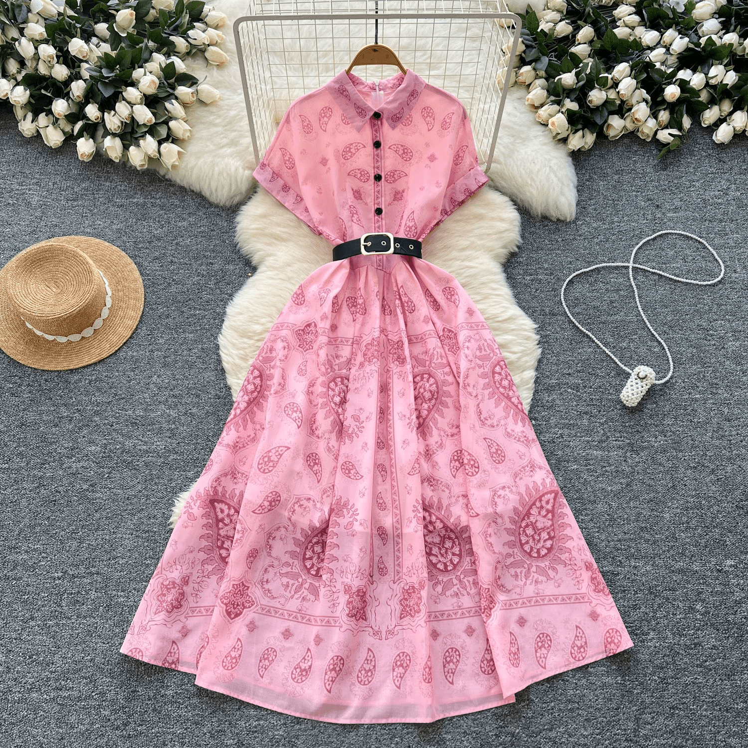Women's Clothing Waist Slimming Temperamen Short Sleeved Printed Large Swing Slim Long Skirt