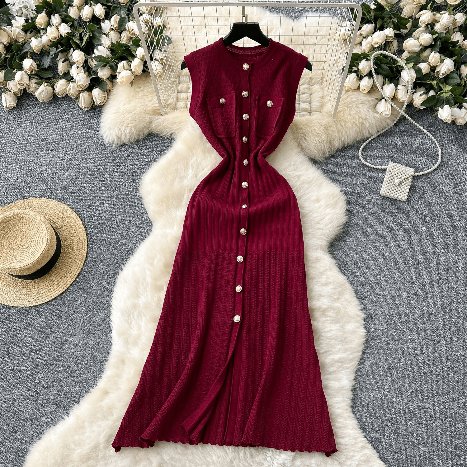 Women's Clothing Round Neck Sleeveless Metal Buttoned Slim Fit Knitted Dress Female Summer New