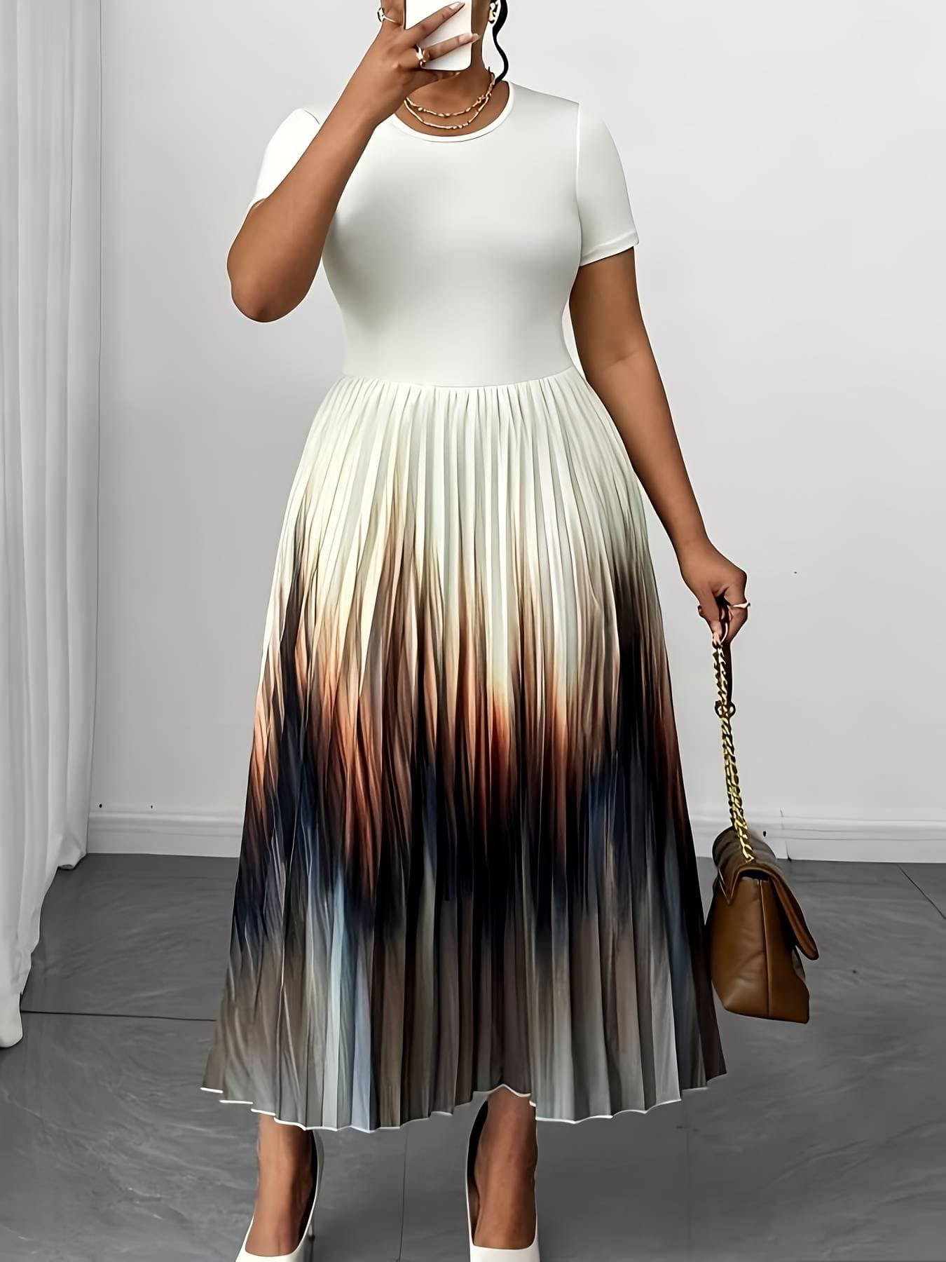 Plus-size Casual Dress For Women, Perfect For Parties And Everyday Wear. Round Neck, Gradient Short Sleeves, Pleated, Elegant And Flowy, With A Fitted Waist.