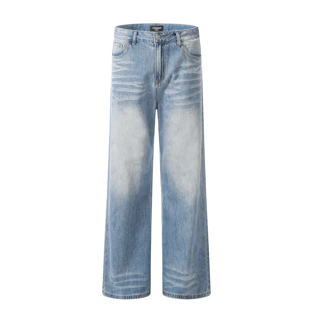 Men's Clothing American High Street Washed Gradient Denim Trousers Men's Distressed Loose Daddy Pants Versatile Casual Wide Leg Straight Pants