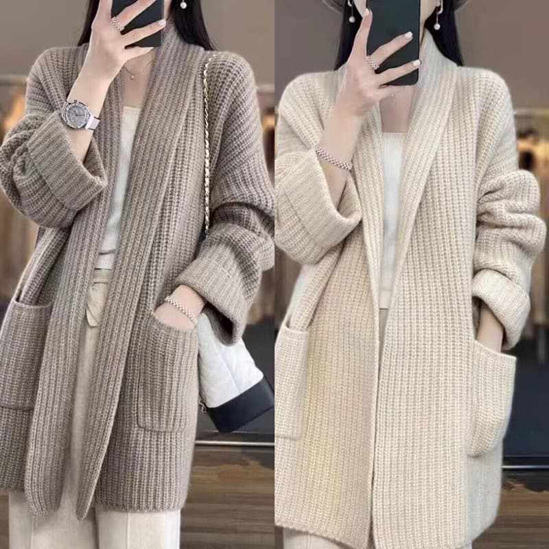 Korean Style Autumn And Winter Lazy Style Thick Line Plus Size Sweater Cardigan Elegant Mid-length Loose Knitted Thickened Coat For Women