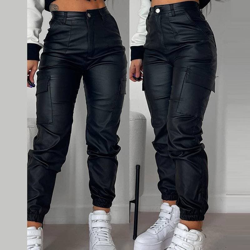 Women's Motorcycle Zipper Pleated Pocket Fashion PU Casual Patch Pocket Manhattan Small Leg Trousers