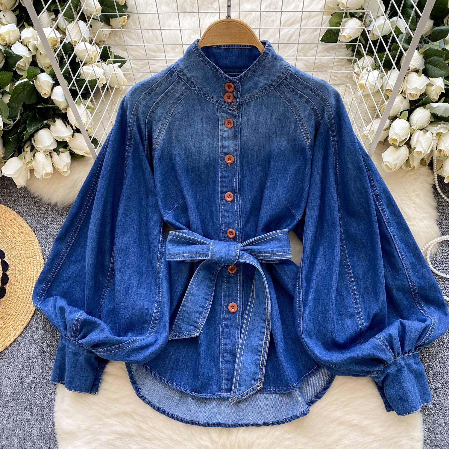 Women's Clothing Retro Tie Waist Stand Collar Lantern Sleeve Long Sleeve Denim Shirt