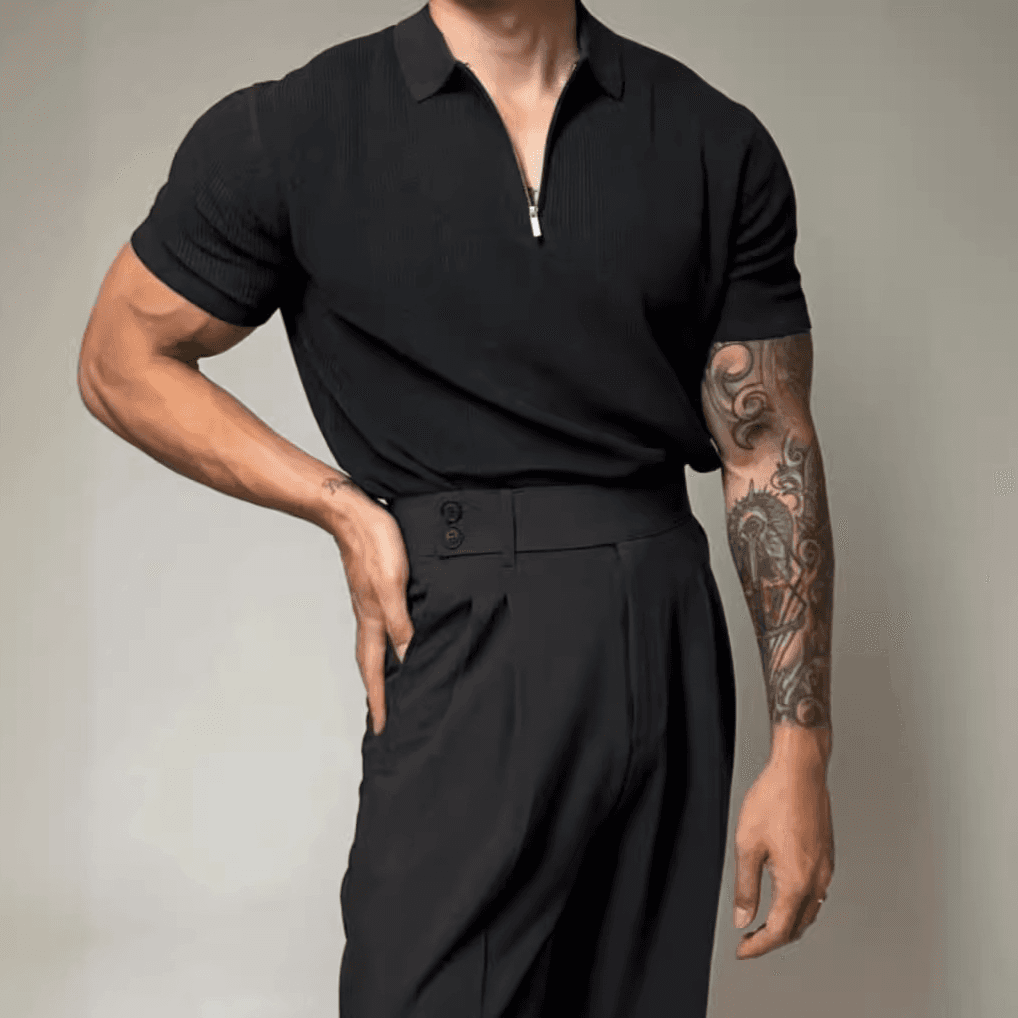 Men's Clothing Half Zip Knitted Polo Shirt Men's Slim Elastic Three Quarter Short Sleeved Sweatshirt Lapel Tight Sleeves Cool Silk T Shirt