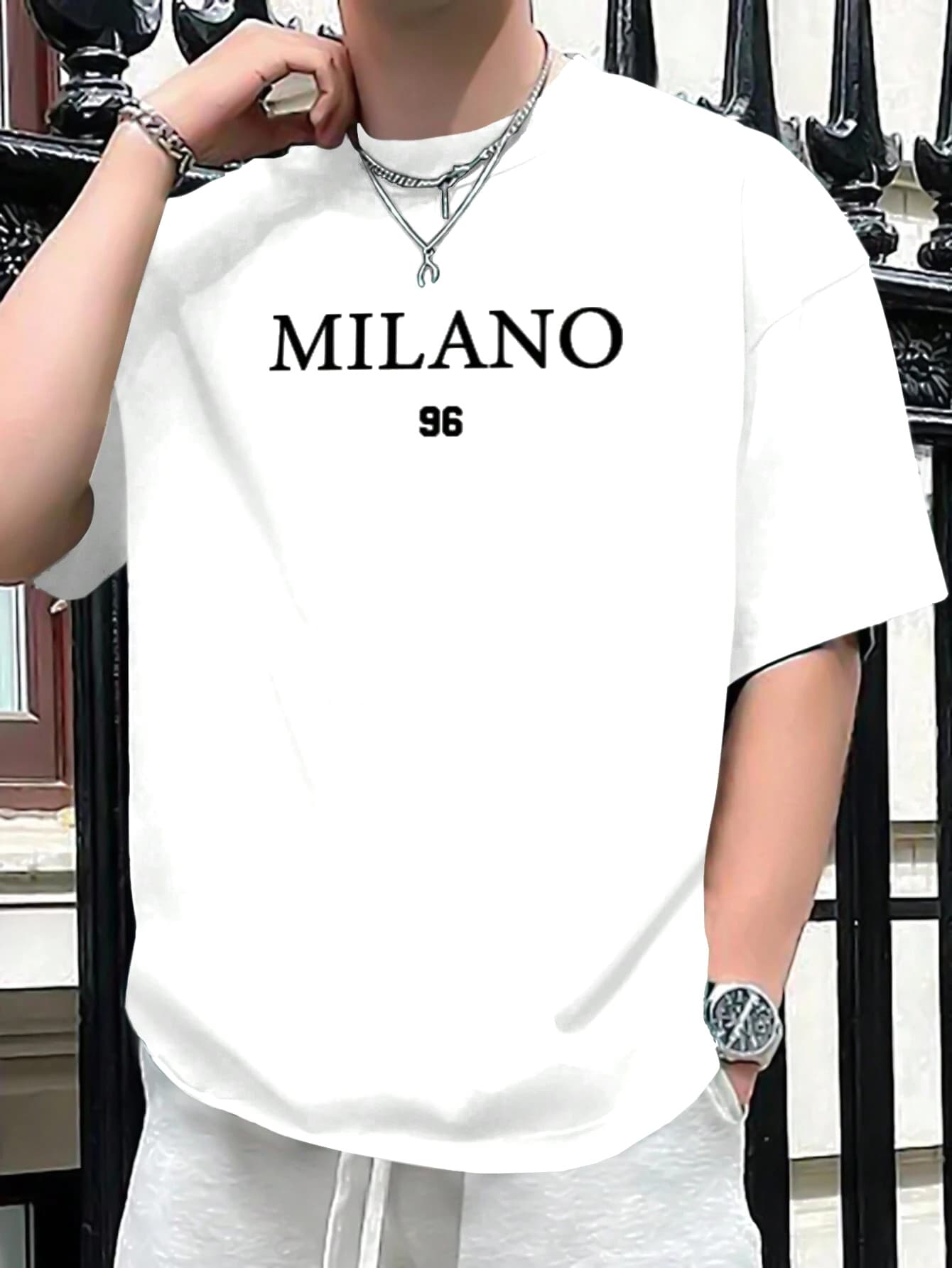 100% Pure Cotton Men's Spring And Autumn Fashion Short Sleeved MILANO 96 Letter Print Casual Slim Fit Versatile Top