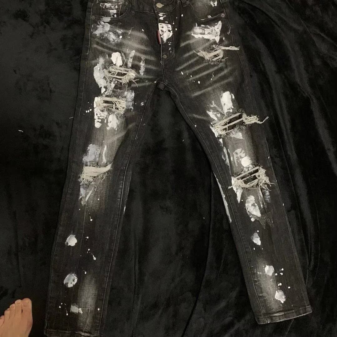 Men's Black Distressed Skinny Jeans Unique Patchwork Ripped Details High Street Fashion Stretch Slim Fit New
