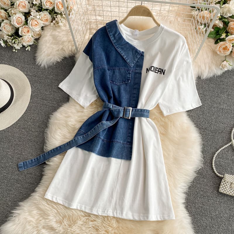 Women's Clothing Denim Patchwork Dress Short Sleeve Women Waist Slimming Medium Long Irregular T-shirt Skirt