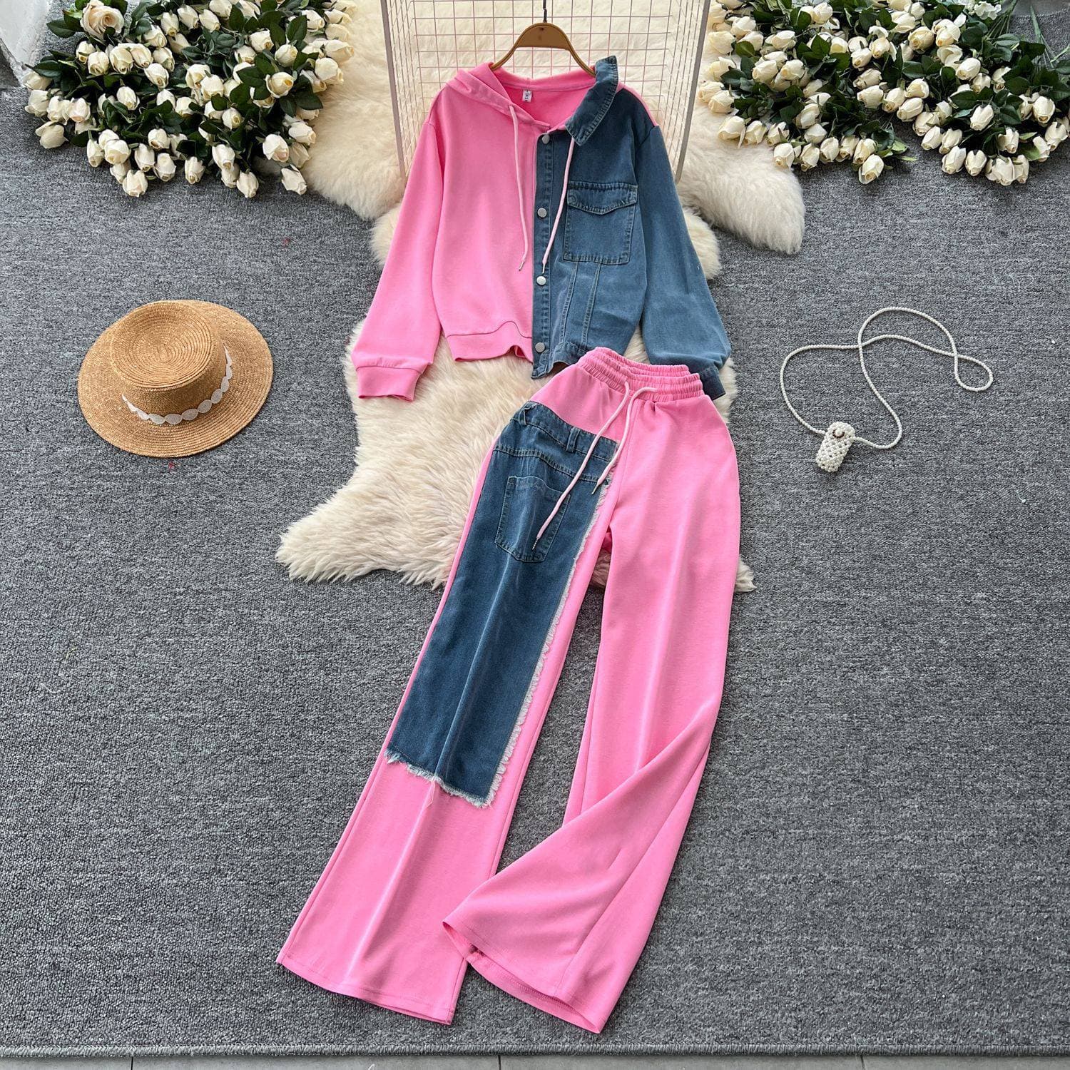 Casual Suit For Women, Fashionable Design, Splicing Two-piece Hooded Sweatshirt, High Waist Denim Splicing Wide-leg Pants
