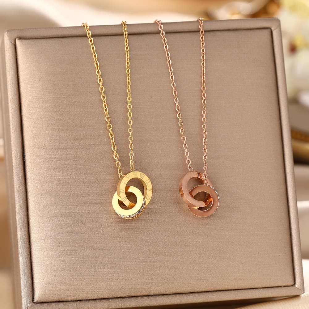 Trendy Titanium Steel Necklace For Women Double Ring Inlaid With Dias Roman Numerals Pendant Fashionable Elegant