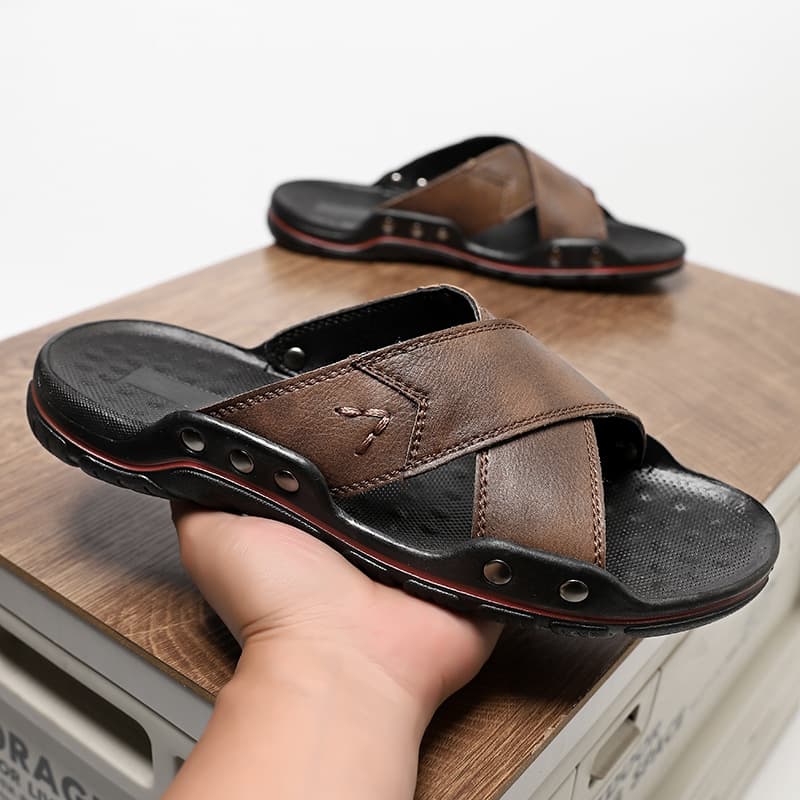Slippers, Size 47-48, Genuine Leather One Line Slipper, Summer Anti Slip, Outdoor Wear, Beach Men's Sandals, Slippers