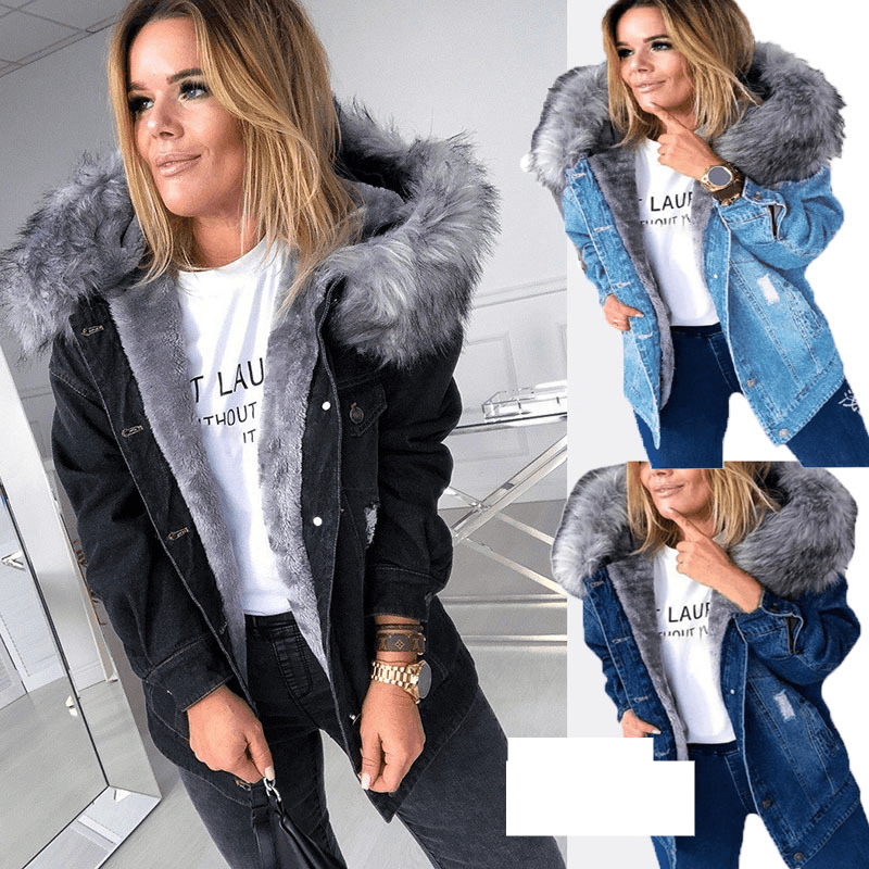 Women's clothing plus plush collar women's thickened cotton denim jacket