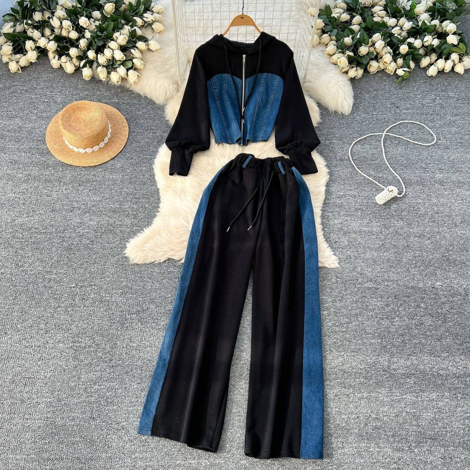 Women's Clothing Spring Casual Suit Women's Sportswear Pullover Hooded Long Sleeved Sweatshirt High Waist Denim Stitching Wide Leg Pants