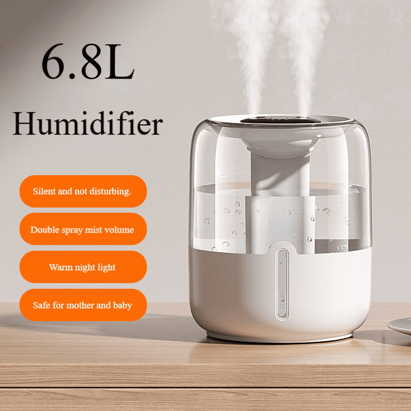 6.8L Large Capacity Humidifier With Dual USB Mist, Night Light For Home, Office, Dormitory & Desktop Use​