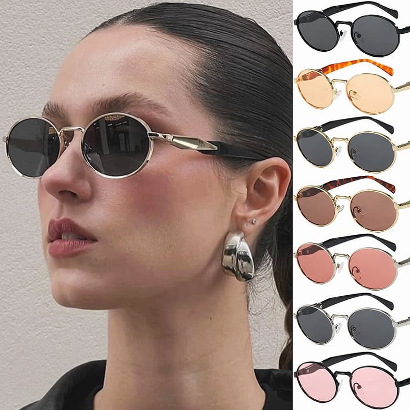VOOTHOST Classic Round Oval Sunglasses for Women Men Brand Designer Brown Metal Frame Sun Glasses Trend Shades UV400 F0099