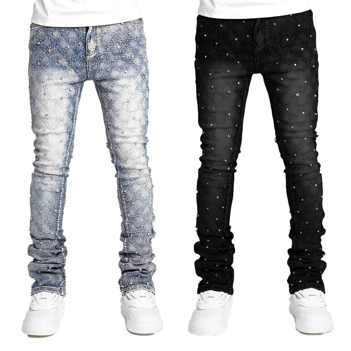 Men Denim Fashion Individualistic Straight-leg Men Trousers European And American Fashion Elastic Pearl Denim Layered Long Pants