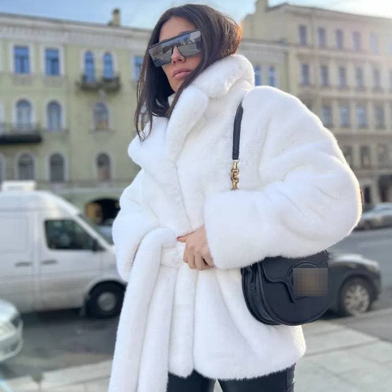Luxury Faux Fur Coat For Women - Winter Rabbit Fur-Like Collar Coat With Belt, Thick Warm Elegant Trench Jacket (White, S-Xxl)