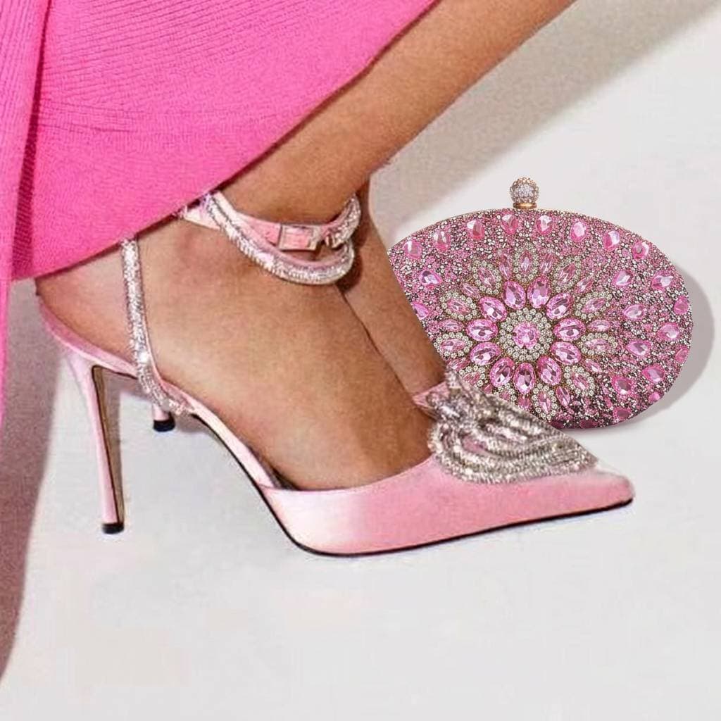 Women's Heart Heels & Sunflower Bag Set – Crystal-Embellished Sandals With Beaded Evening Clutch (Gala Glam Combo)