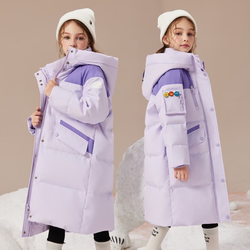 Warm & Stylish Long Hooded Down Jacket For Girls - Soft & Cozy Winter Coat With Cartoon Print (Available In White, Blue, Purple, Sizes 120-175cm)​​​​