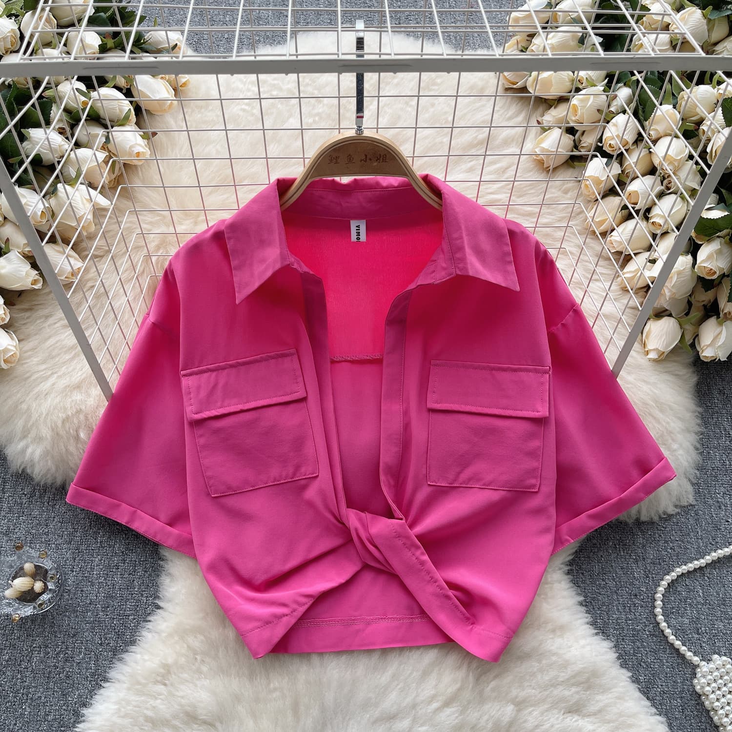 Women's Clothing Sweet cool hot girl style lapel short-sleeved shirt women's summer V-neck twisted design sense beautiful niche pure desire navel top