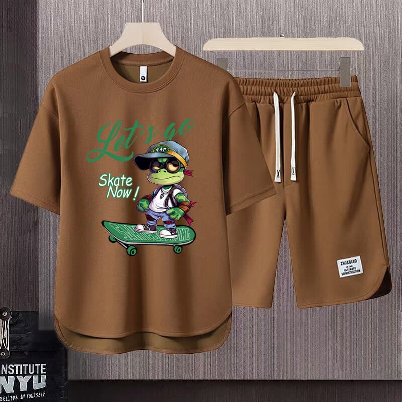Men's Clothing 2024 Waffle Casual Summer Suit Men's Loose Teen Short sleeved T shirt Shorts Handsome Two piece Suit