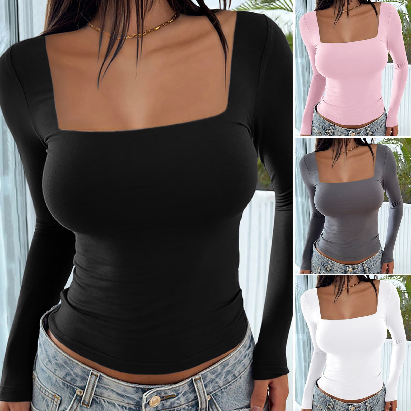 Women's Clothing Square Collar Long Sleeved Pullover Tight Casual Fashion Tops