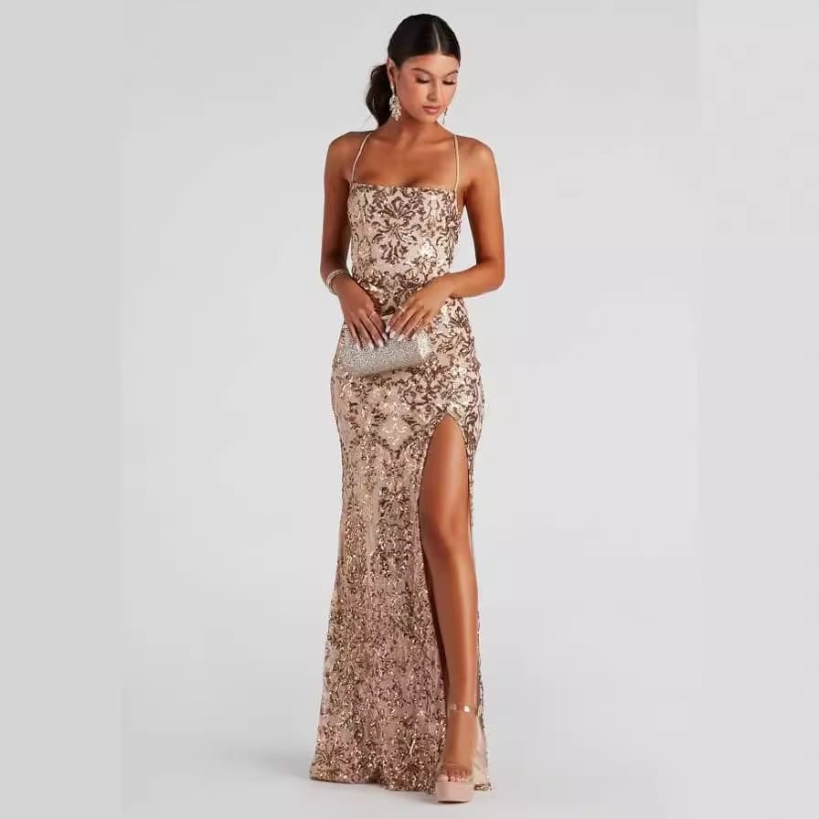 Women's Middle East Sexy One-line Collar Sequin Floor-length Evening Dress Elegant Slit Banquet Party Dress