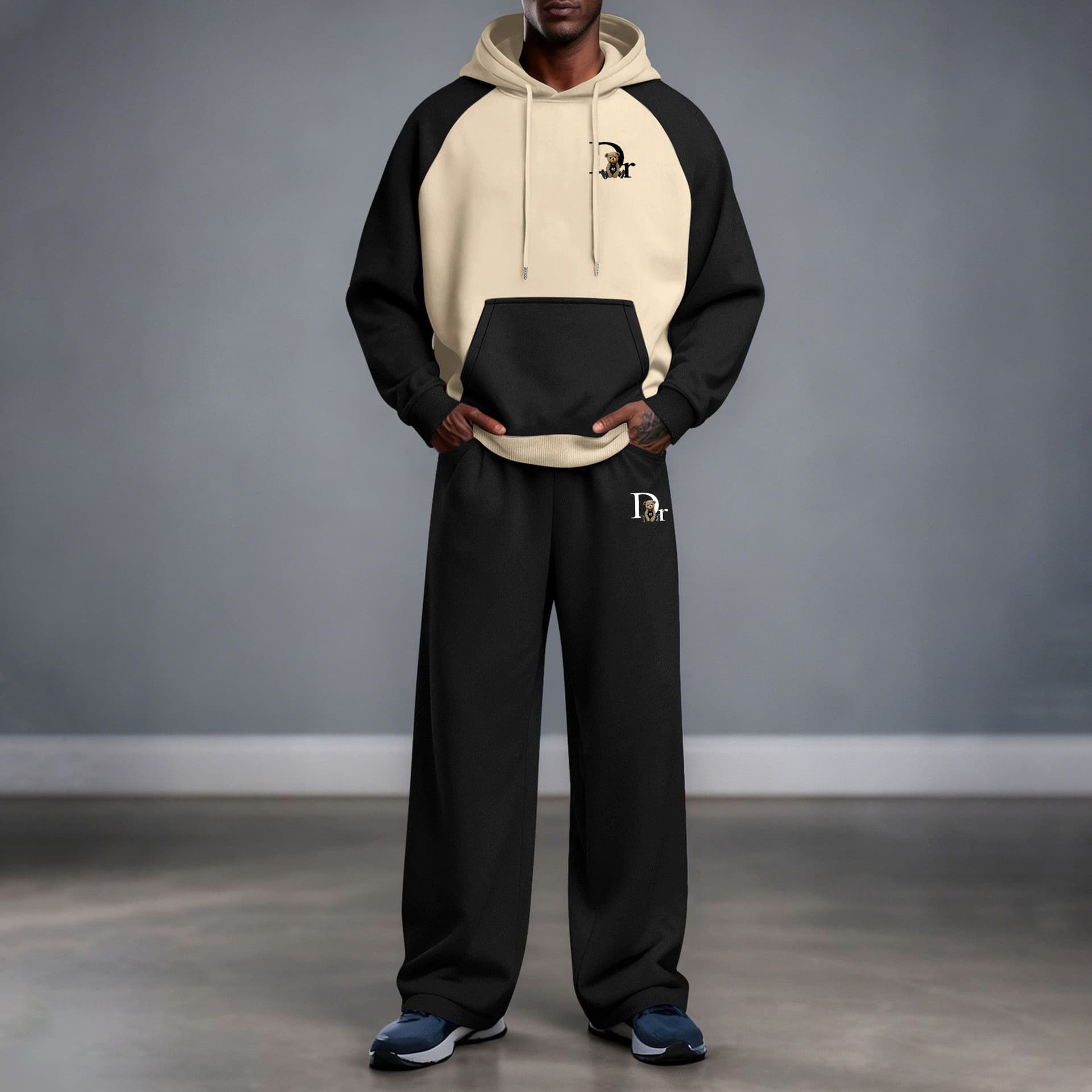 Retro Bear Print Hoodie Set – Color-Block Men’s Streetwear With Playful Animal Motif