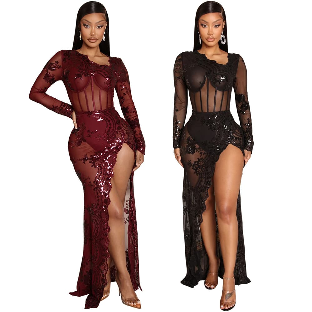 Women's Clothing transparent polyester mesh sequins slim fit hip wrapped high slit dress Fashion evening dress for women