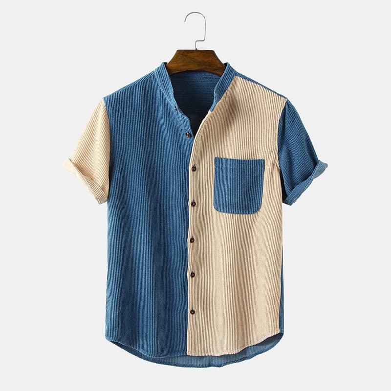 Men's casual splicing summer short-sleeved shirt men's fashion corduroy collared short-sleeved shirt