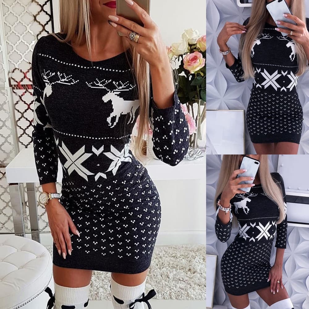 Women's autumn Christmas printed tight-fitting hip dress long sleeve slim T-shirt skirt