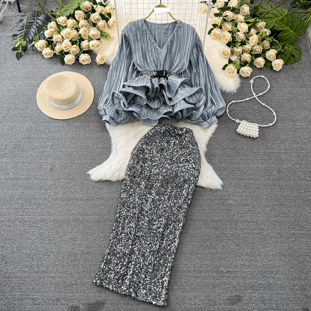 Women's Fashion Set Female Socialite Temperament Lantern Long Sleeve V-neck Lotus Leaf Bright Face Shirt Women's High Waist Sequin Skirt