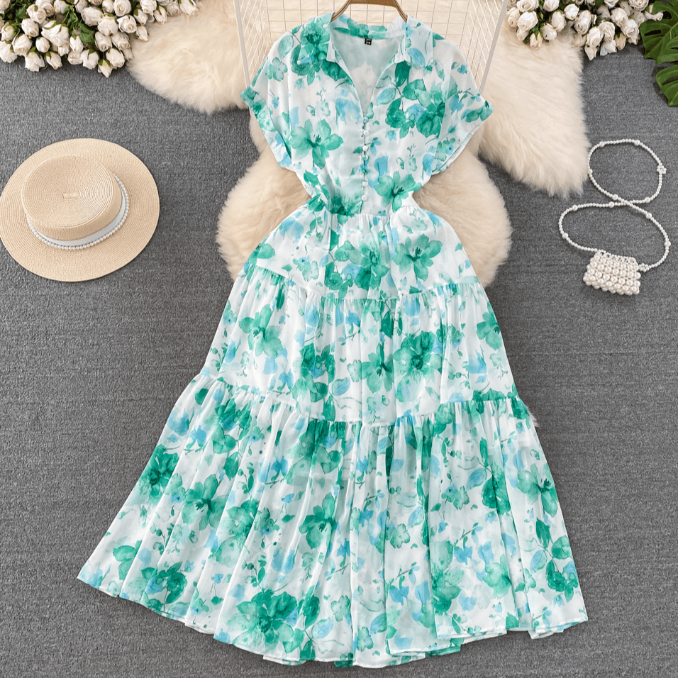 Women's Clothing Gentle Style Floral Long Skirt Retro Temperament Short Sleeve Lapel Waist Slim A Line Floral Dress Summer