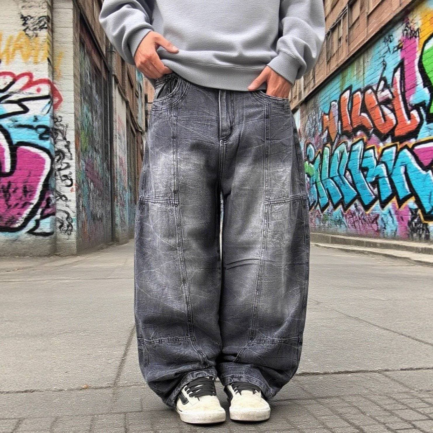 ​Men's Wide-Leg Distressed Denim Jeans - High Waist Vintage Washed Cotton Pants, Streetwear Baggy Fit With Multi-Pockets For Urban Style (S-XL)​