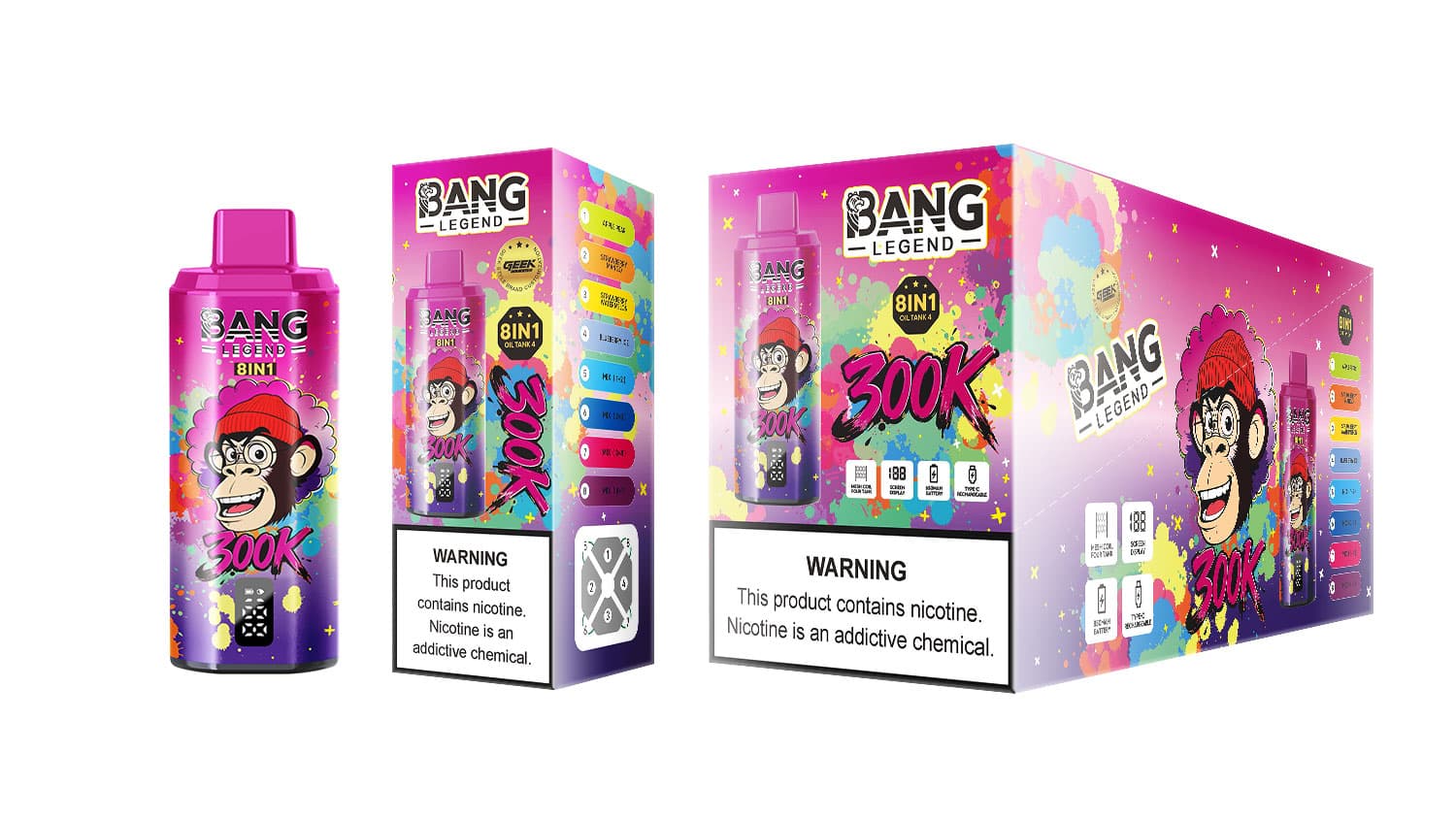 Bang Legend 300K 8 en 1 Vape jetable à huile de chicha, réservoir, 4 grands écrans numériques de comptage des bouffées, charge rapide USB-C, bat