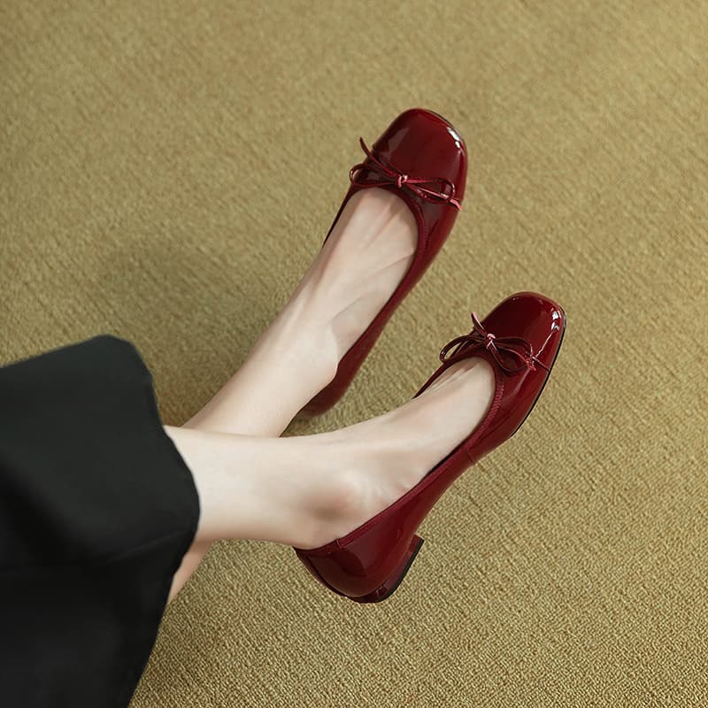 Women's retro bow patent leather beanie shoes Women's flat summer fall square toe single shoes thick heel wine red