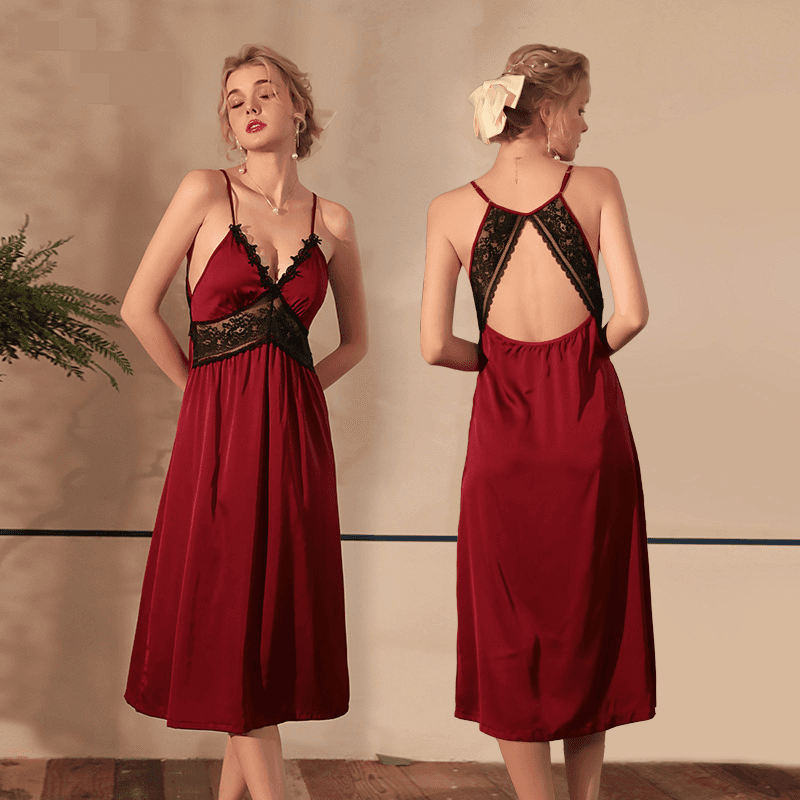 Women's Sleepwears Sexy ice silk satin suspenders sexy lingerie nightdress long lace stitching flirting temptation home clothes