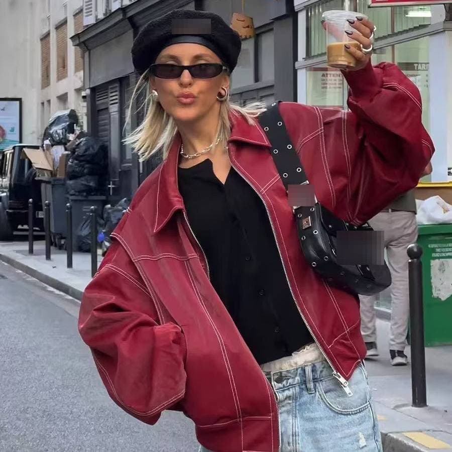 Women's Clothing Trendy Women's PU Jacket - Stylish Red & Black Bomber Coat For Street Fashion (S/M/L/XL)