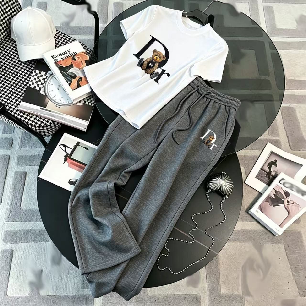 New 2026 Women's T-shirt+Wide Leg Sports Mid Waist Loose Drawstring Straight Pants Casual Set In Stock